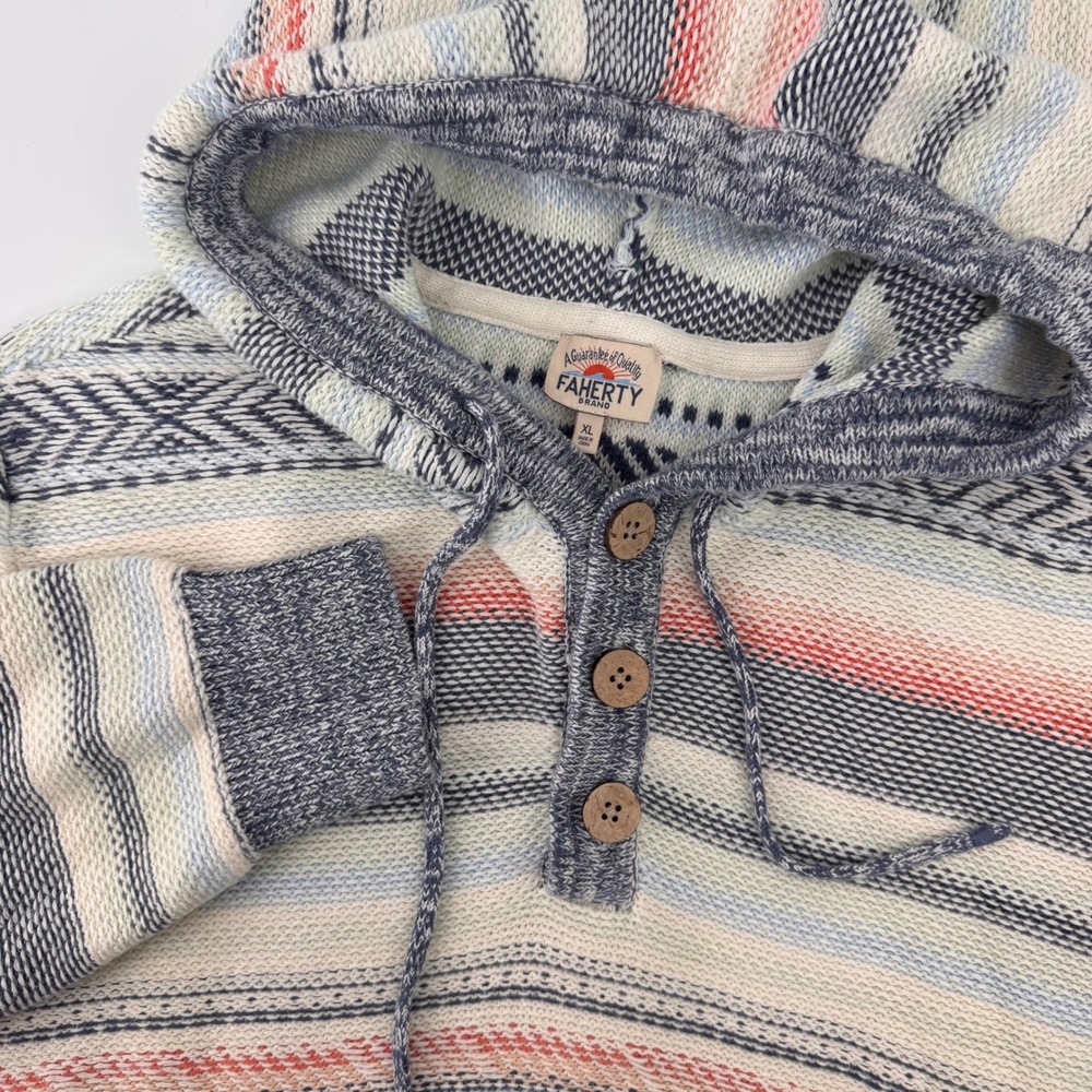 Faherty Baja Hoodie Mens XL Multi Color Striped Organic Cotton Henley